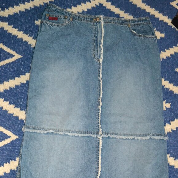 Vintage Lauren Jeans Co Ralph Lauren Patchwork Maxi Denim Skirt Size 14 - Picture 1 of 10